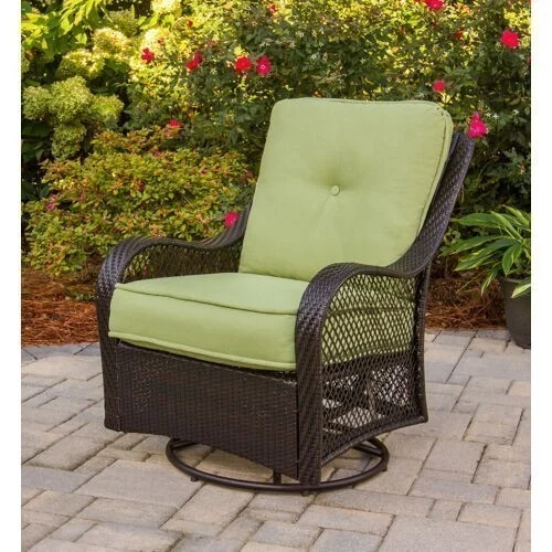 Orleans 4-Piece Woven Fire Pit Lounge Set in Avocado Green with Sofa, 2 Swivel Gliders and Durastone Fire Pit, Autumn Berry