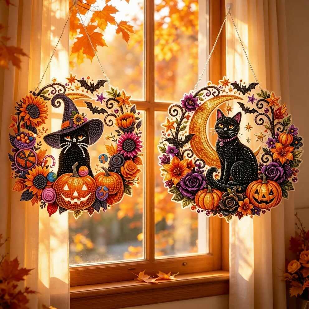 🎃Black Cat Moon Diamond Art Hanging Ornament Kit – Relaxing DIY Halloween Craft 🎃💎