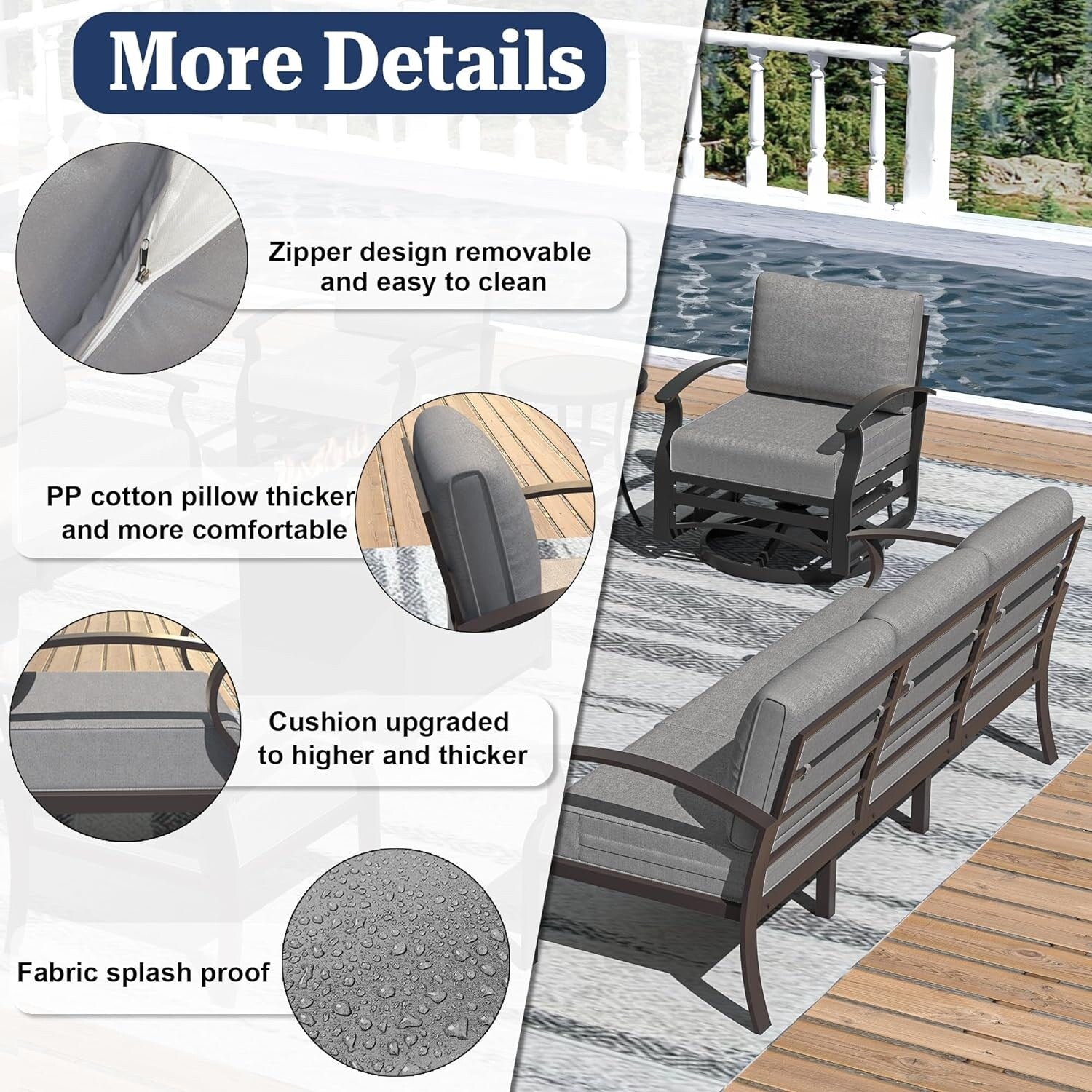 Kullavik Aluminum Outdoor Patio Furniture with Curved Armrests & Firepit Table