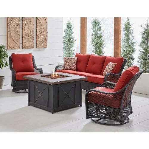 Orleans 4-Piece Woven Fire Pit Lounge Set in Avocado Green with Sofa, 2 Swivel Gliders and Durastone Fire Pit, Autumn Berry