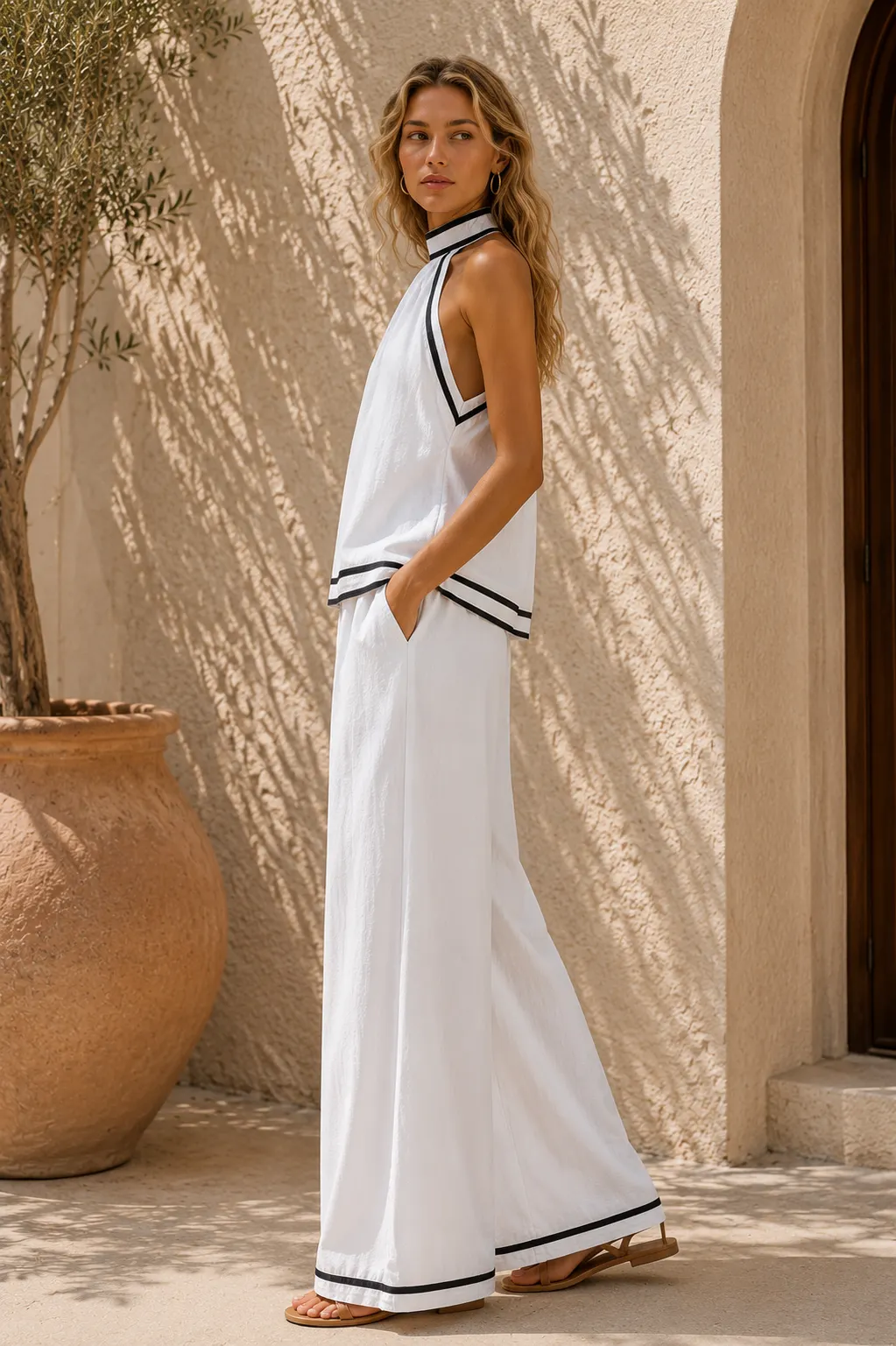 Contrast Trim Halter Top & Wide Leg Pants Set