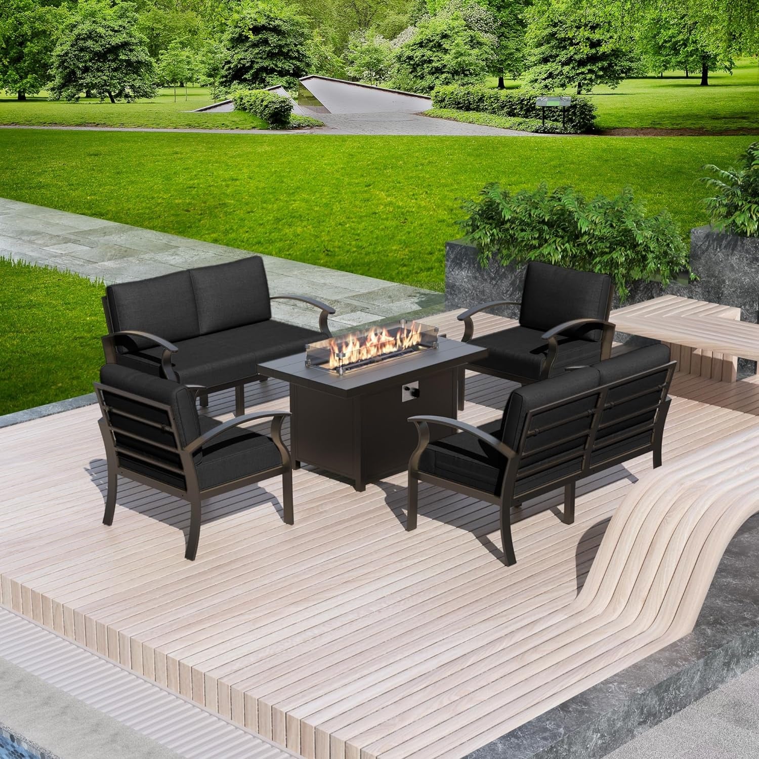 Kullavik Aluminum Outdoor Patio Furniture with Curved Armrests & Firepit Table