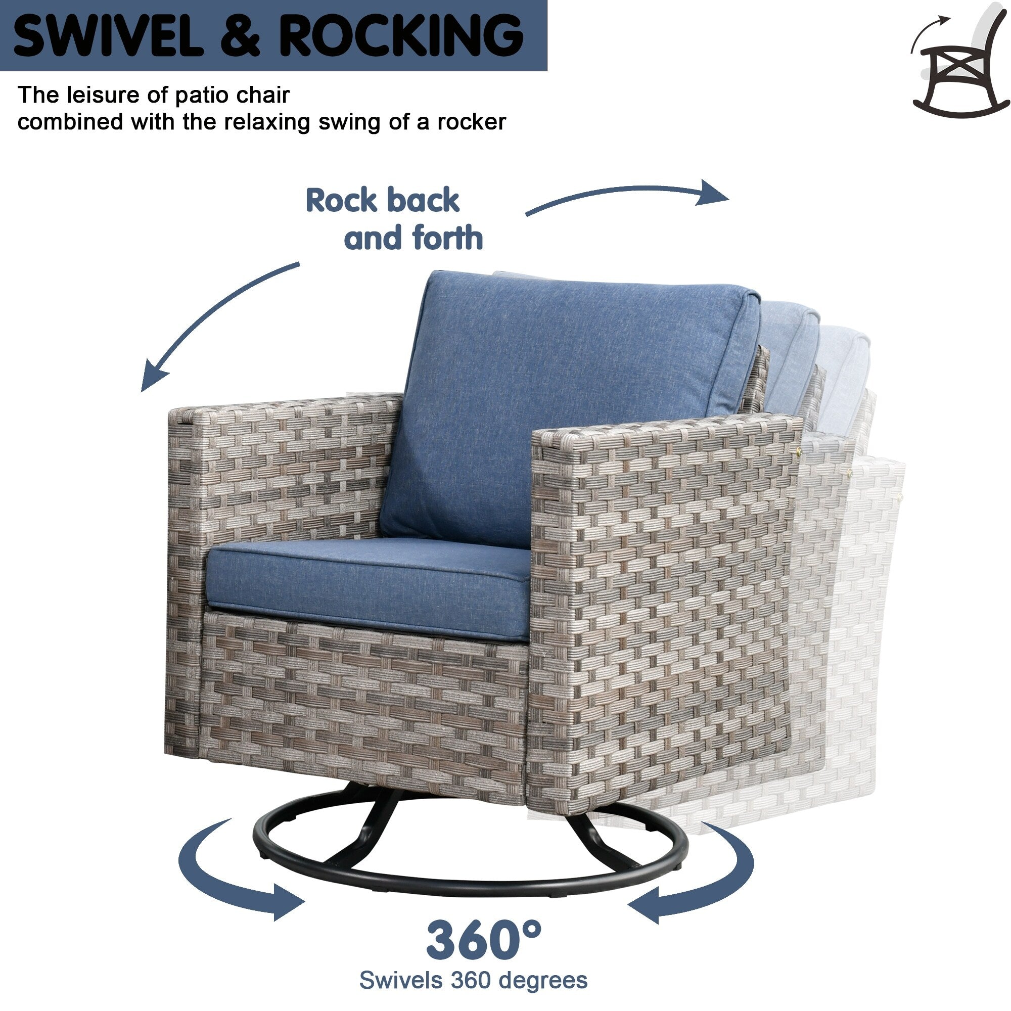 OVIOS 9-piece Patio Wicker Swivel Rocking Chair Set with Glass-Top Tables