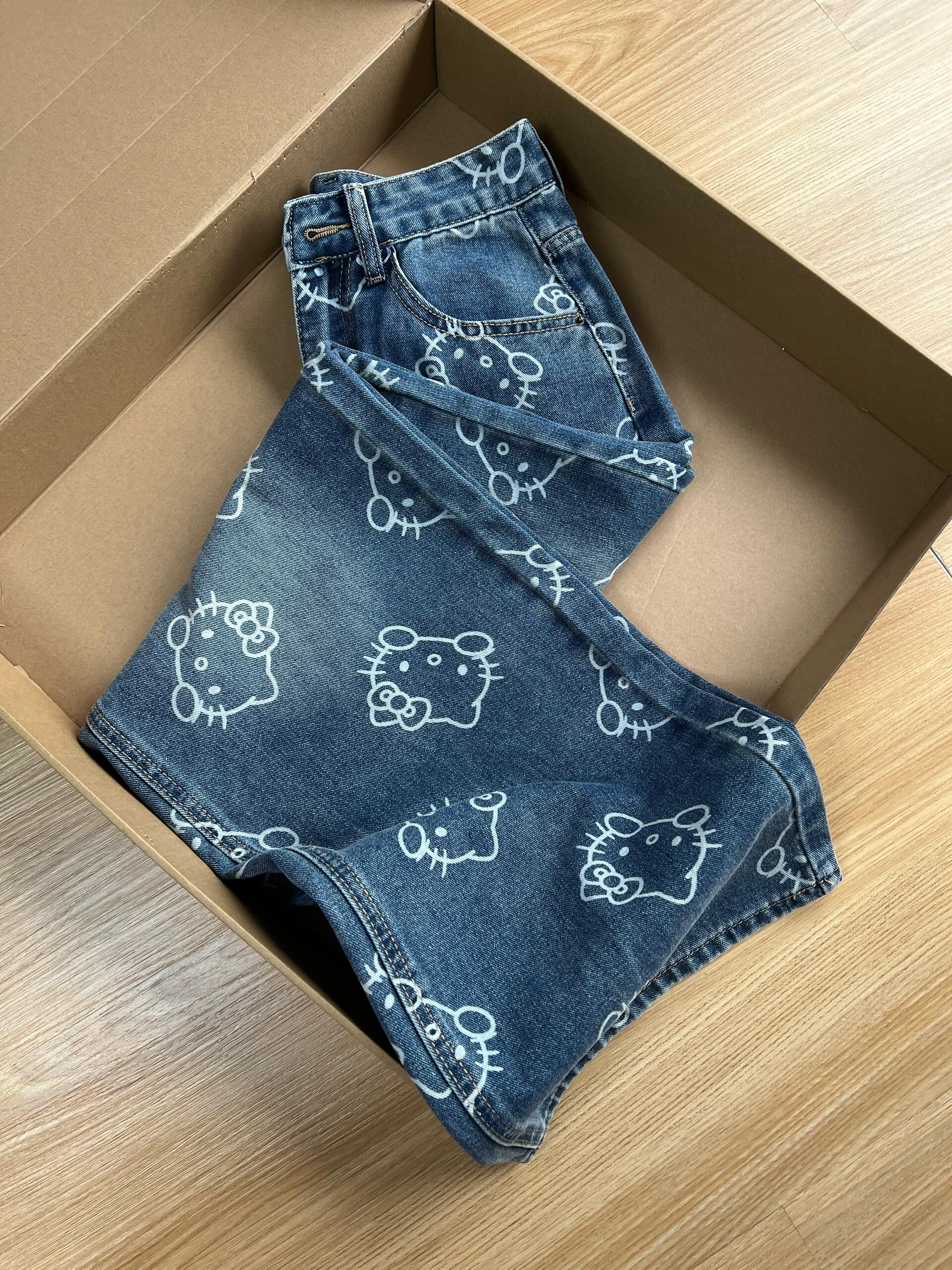 Hellokitty Embroidery Wide Leg Jeans High Waist Baggy Jeans Denim Pants