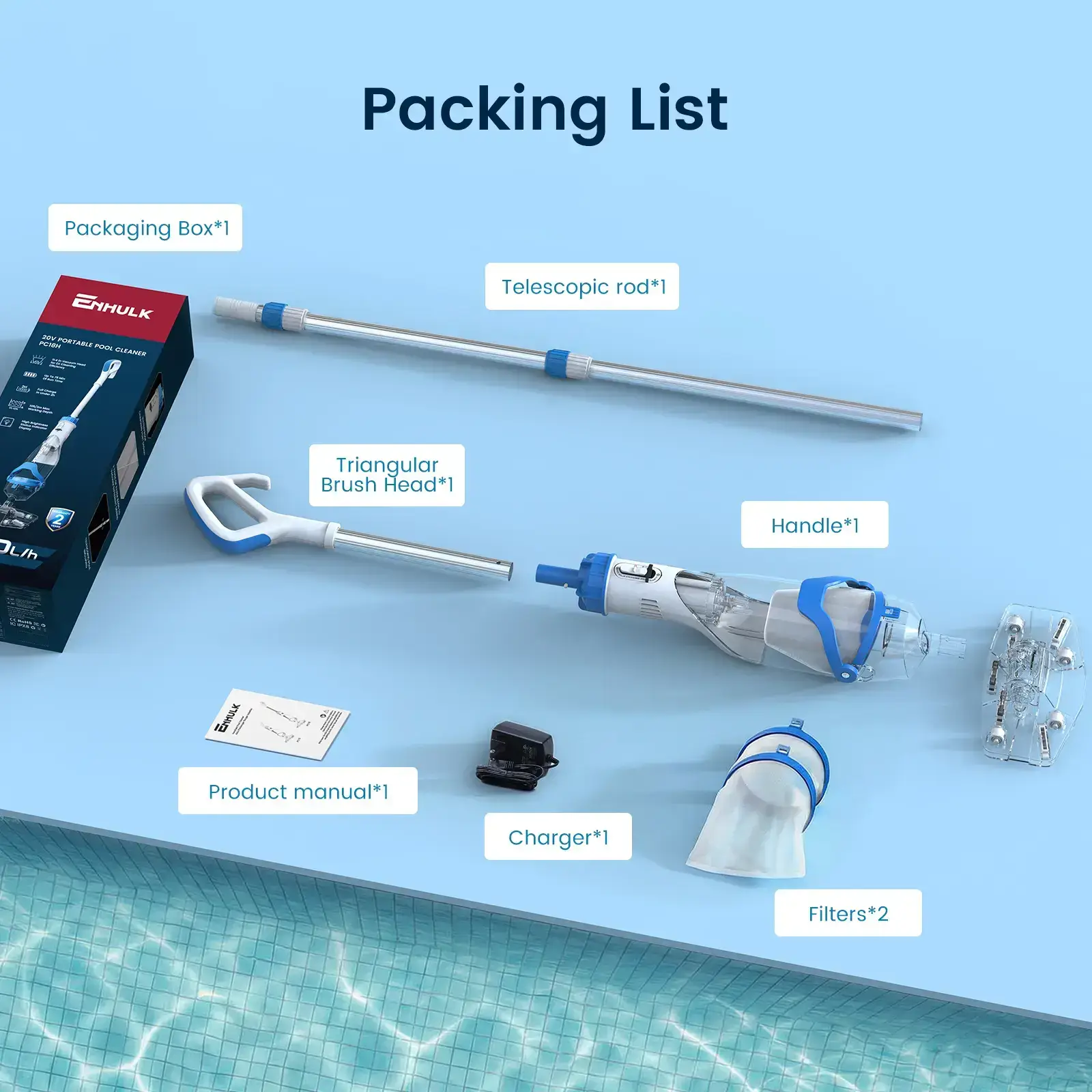 New Upgrade PC18 Pool Vacuum for Above Ground Pool with Telescopic Pole, Running time up to 1H, Handheld Design with Powerful Suction up to 18.5 gallon/min Ideal for Leaves, Debris