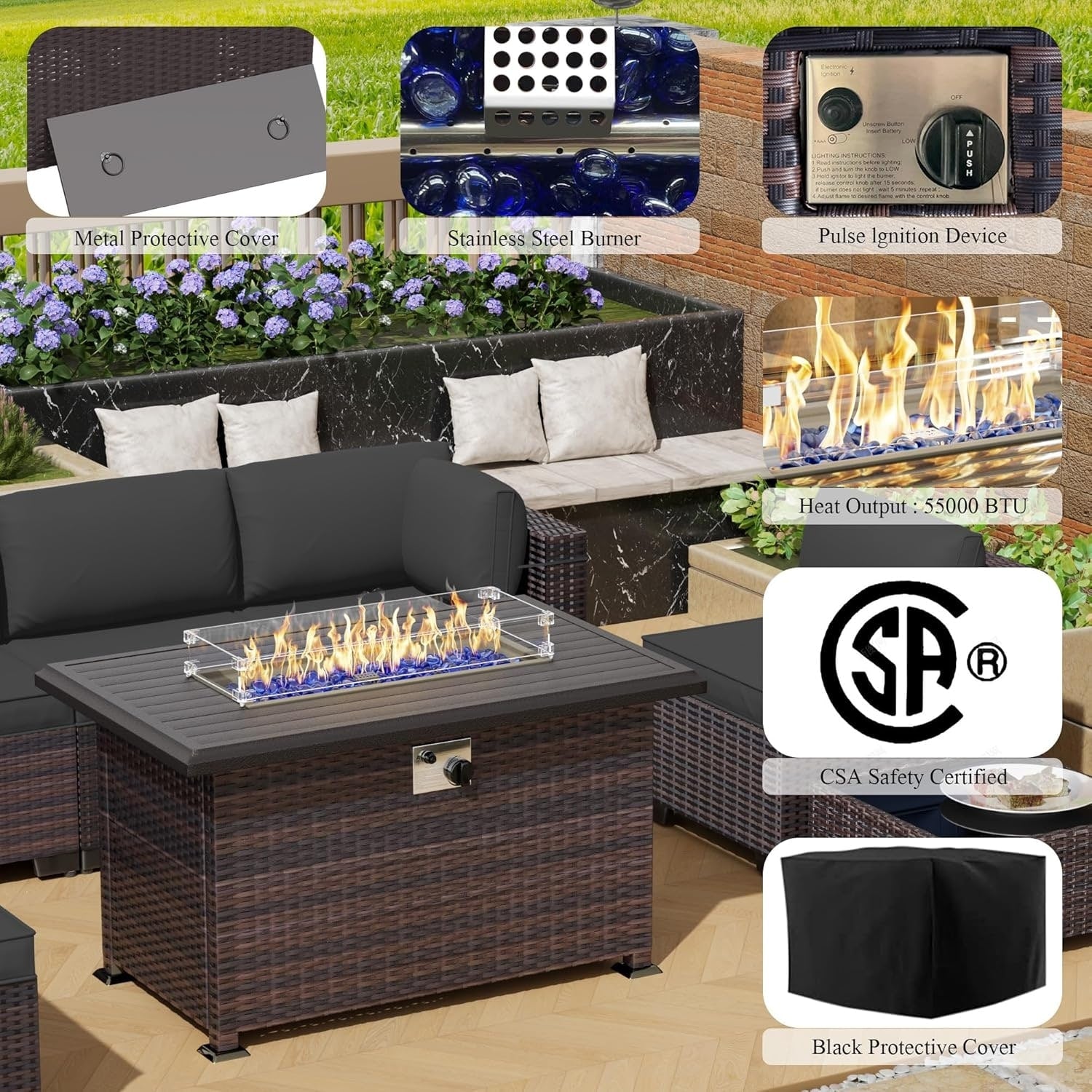 Outdoor Rattan Sectional Sofa Set, Patio Furniture Conversation Set with Fire Pit Table