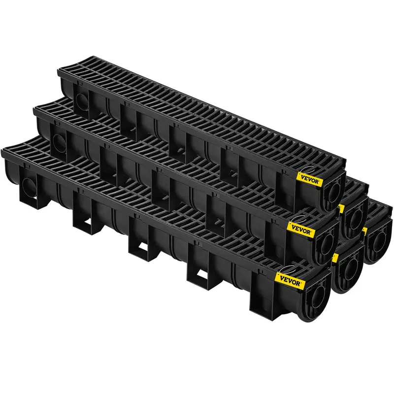 Trench Drain System 6-Pack with Plastic Grates and End Caps, HDPE 5.9x5.1 Inch Garage Floor Drain