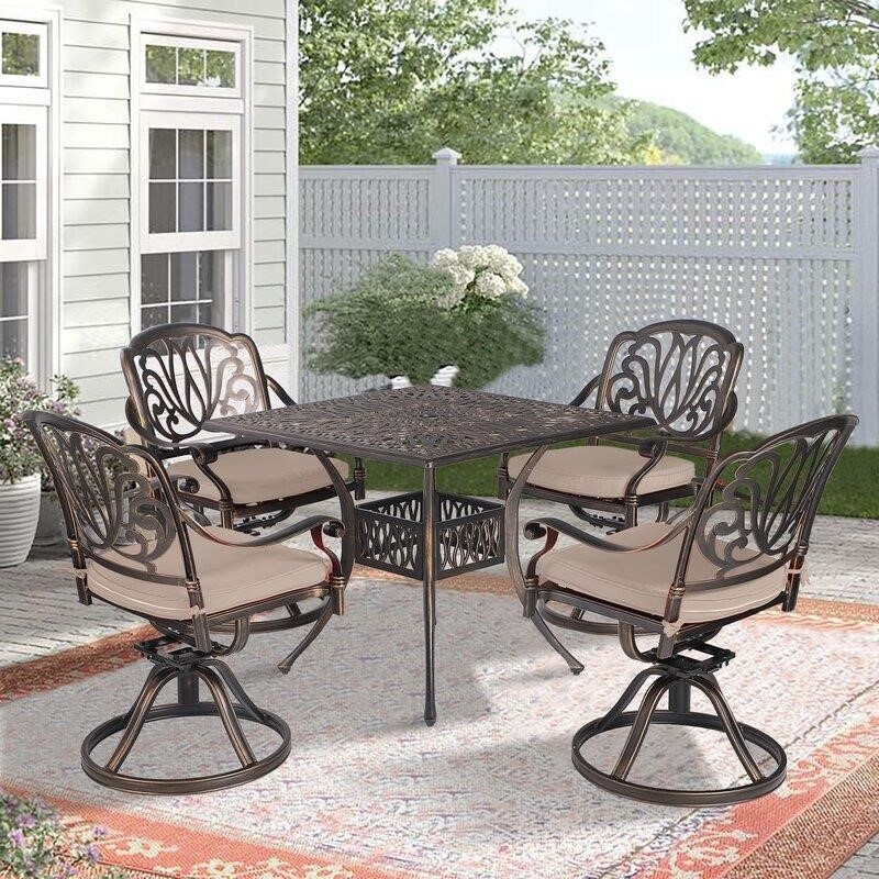 5 Piece Outdoor Dining Patio Set All-Weather Cast Square 4 - Person 35.4