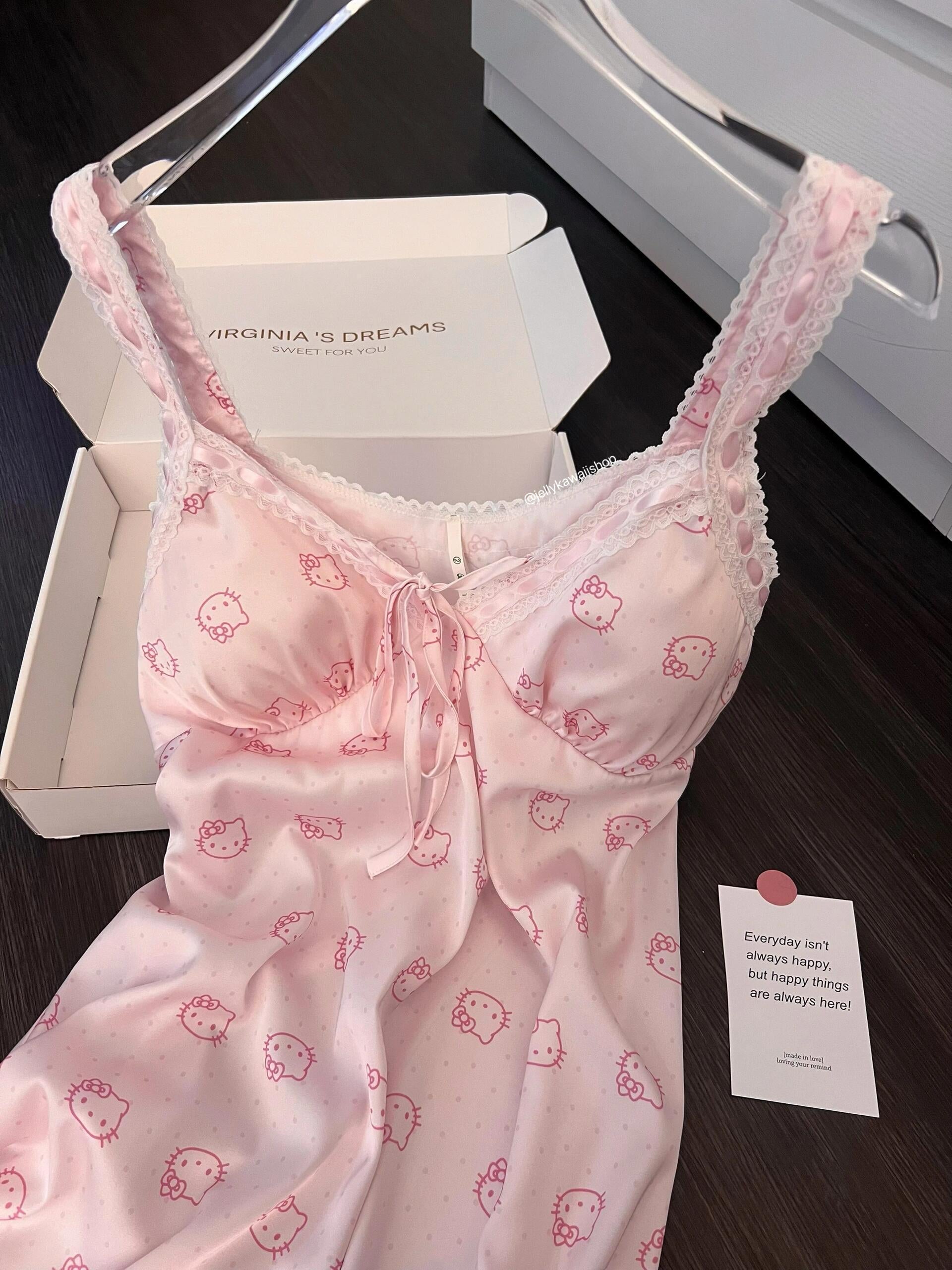 Hellokitty Pink Lace Nightgown Satin Slip Dress