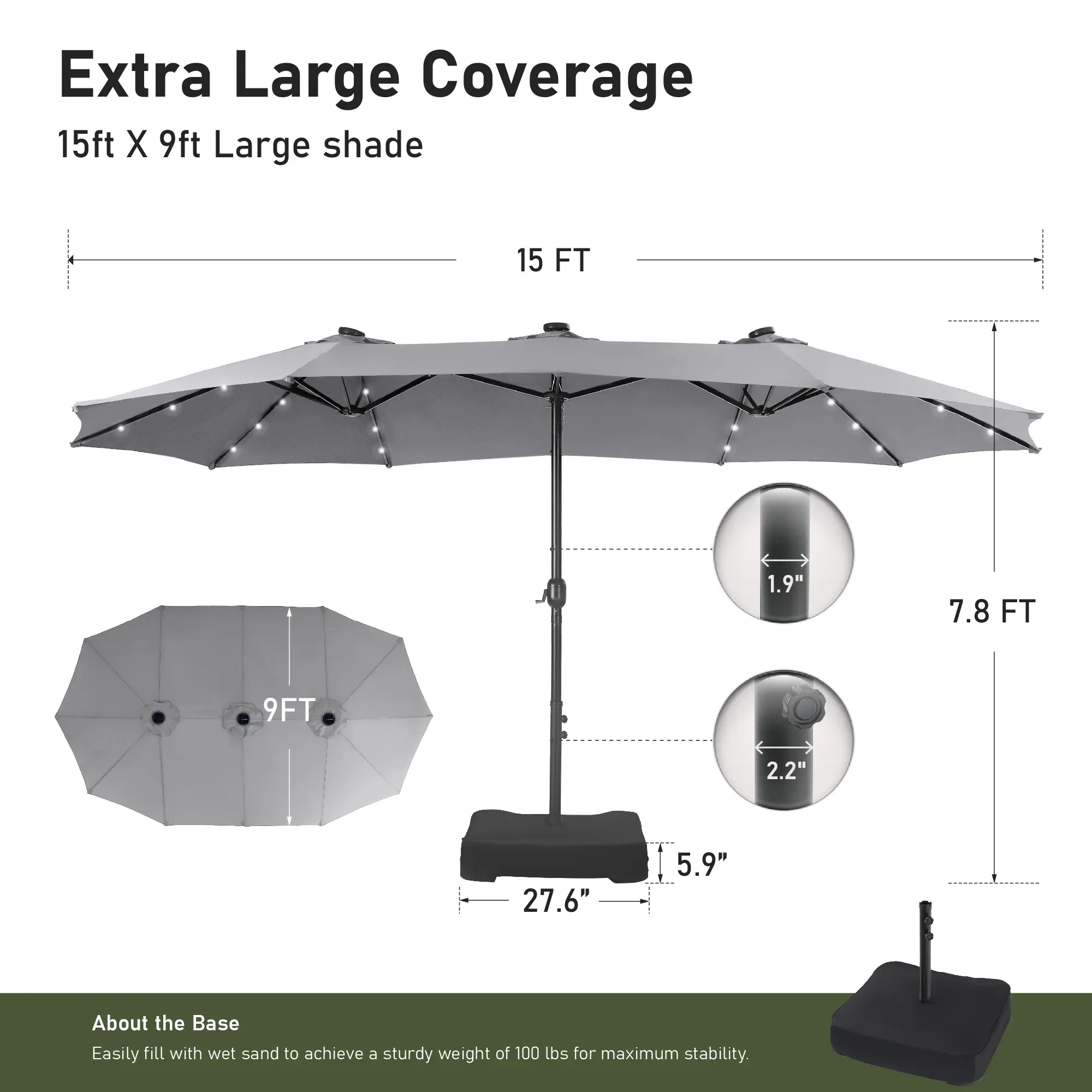15ft Large Outdoor Patio Umbrella with Base – LED Light Option, Double-Sided, Crank Handle, Waterproof，Comes with Weighted Base and Sandbag, Accommodates 10 People, Great for Poolside, Garden, Lawn, Backyard, Deck and Beach