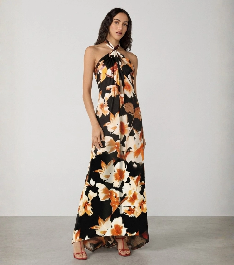 Orange Floral Print Halter Neck Maxi Dress