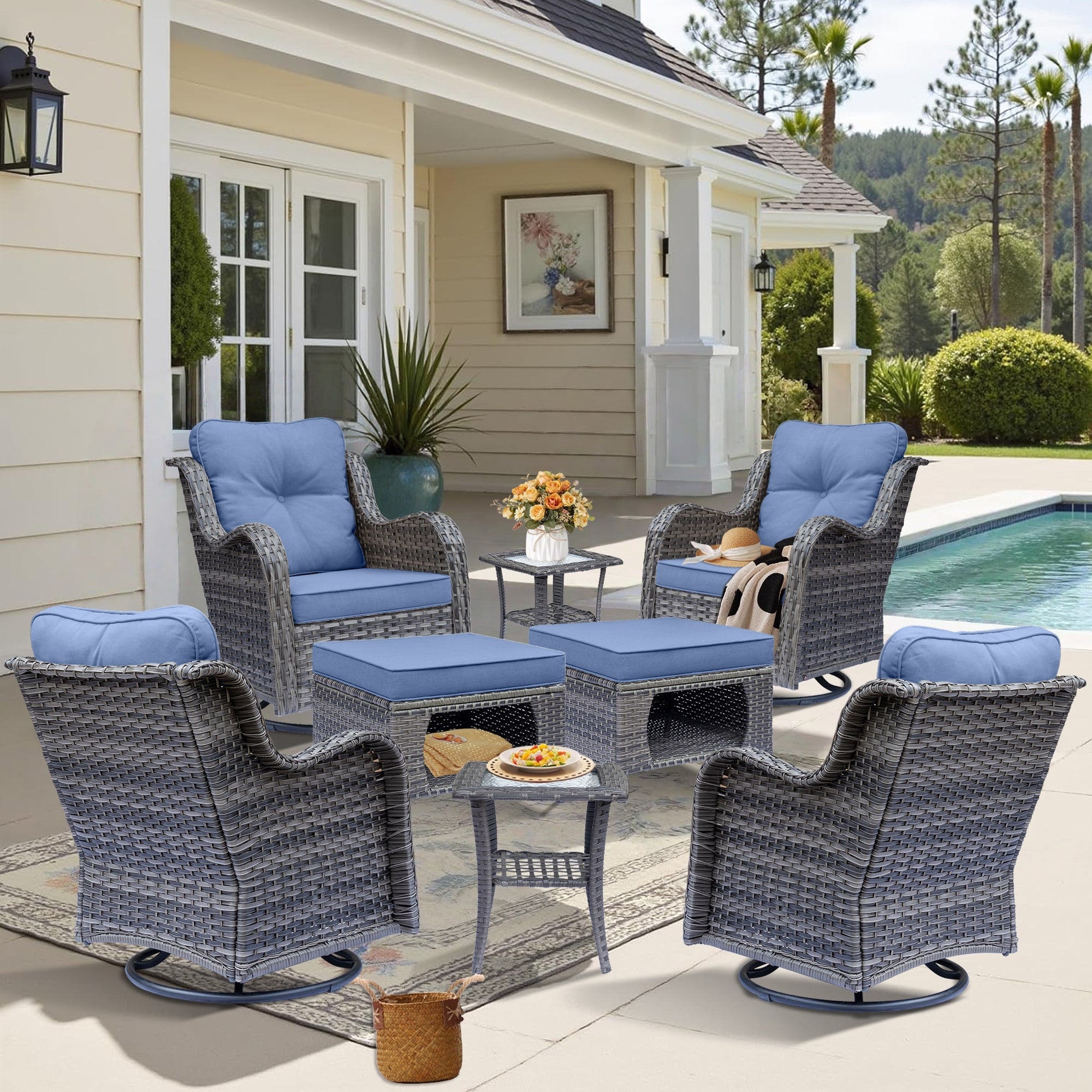 Outdoor Patio Furniture Set-Wicker Patio Conversation Swivel Chair Set
