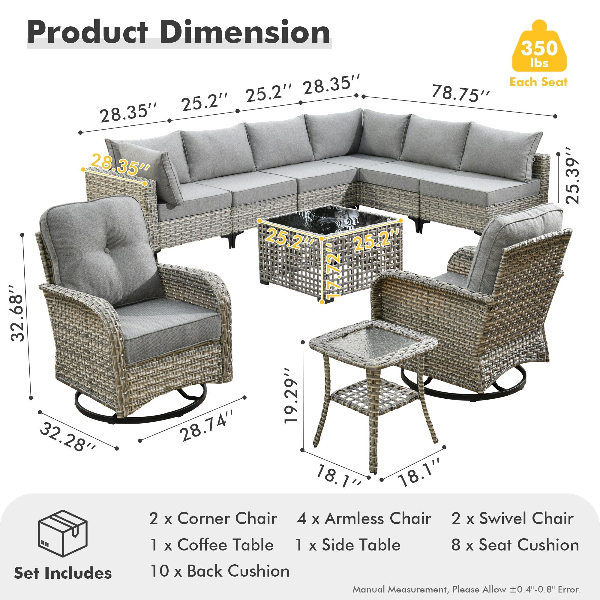XIZZI 10-piece Patio Furniture Wicker Sectional Set with Swivel Chair