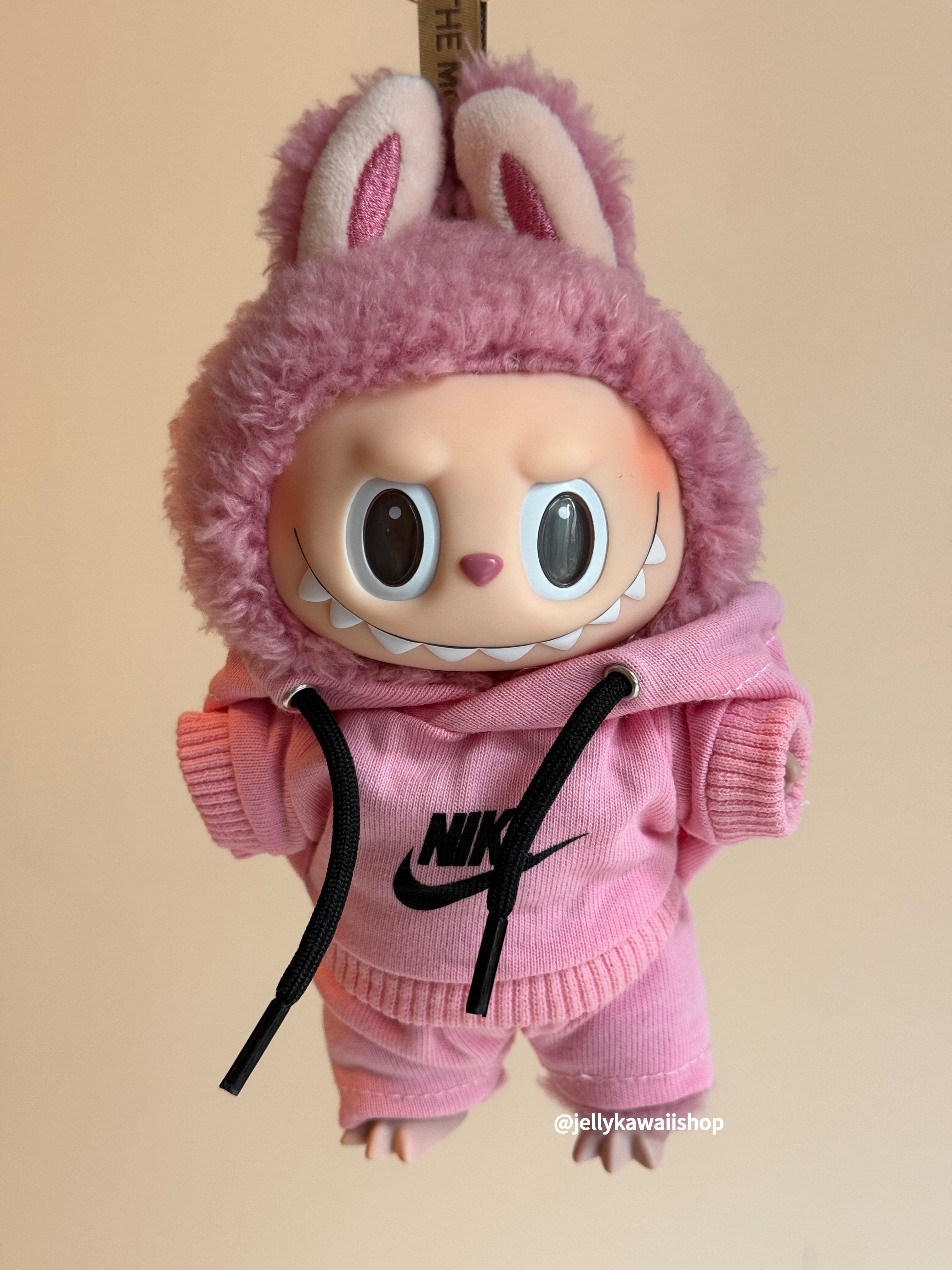 Pink Nike Hoodie 17cm Labubu Clothes Set(NO DOLL)  Accessories Suit Cute Clothes for Labubu Dress up Unique Style