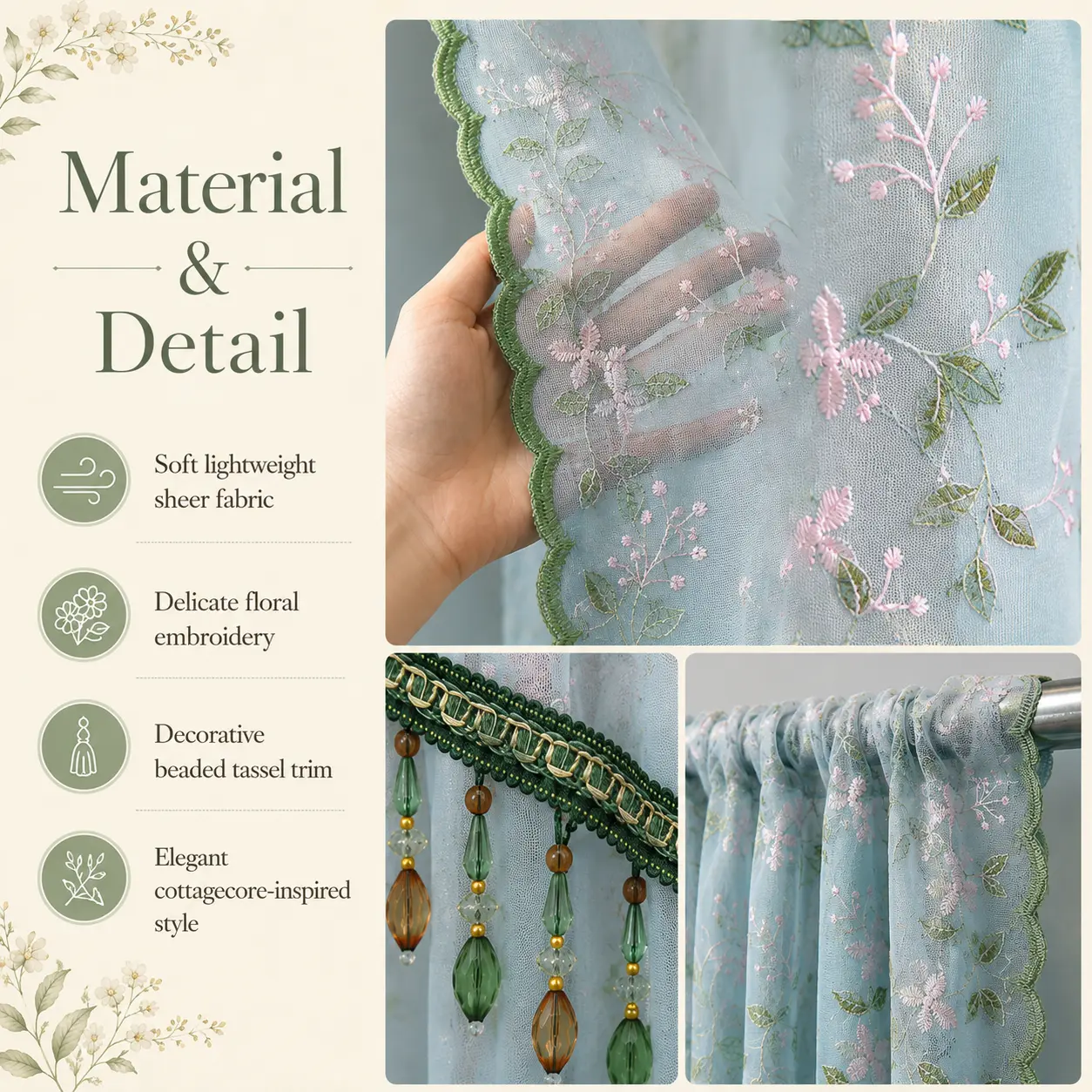 Sheer Floral Door Curtain with Tassel Trim