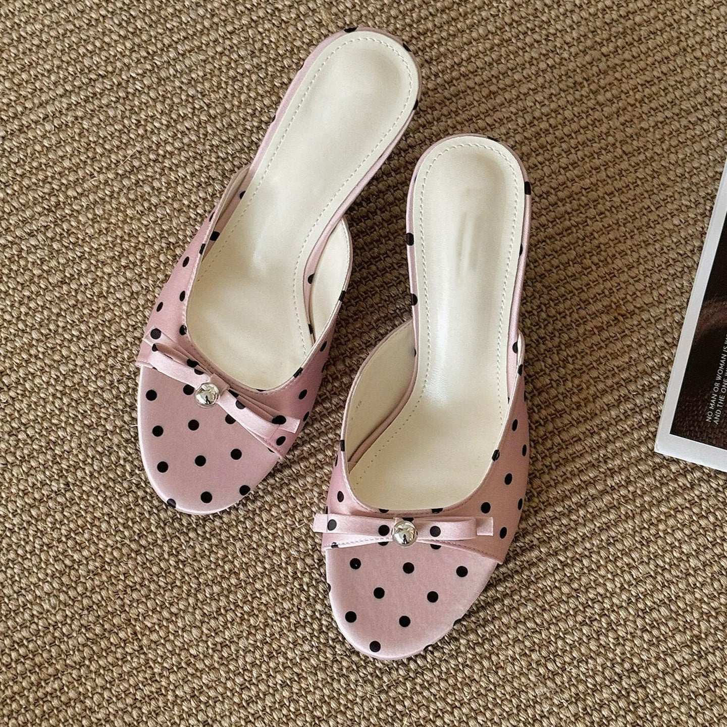 Girly Bow Polk Dot Kitten Heel Sandals Slip On Slides Mule Sandal Open Toe Dress Shoes