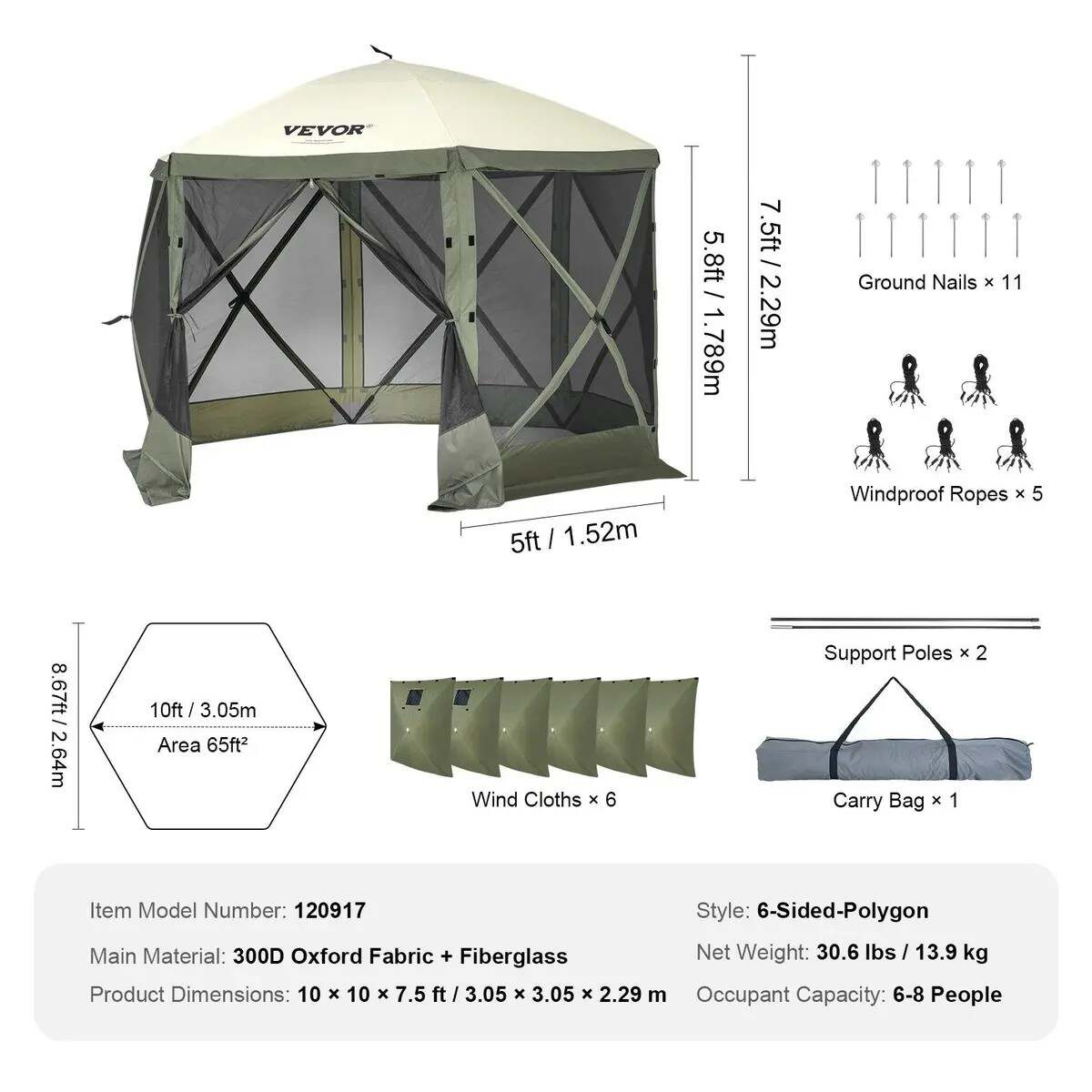 Camping Gazebo Screen Tent, 12*12ft, 6 Sided Pop-up Canopy Shelter Tent with Mesh Windows, Portable Carry Bag, Stakes, Large Shade Tents for Outdoor Camping, Lawn and Backyard, Brown/Beige