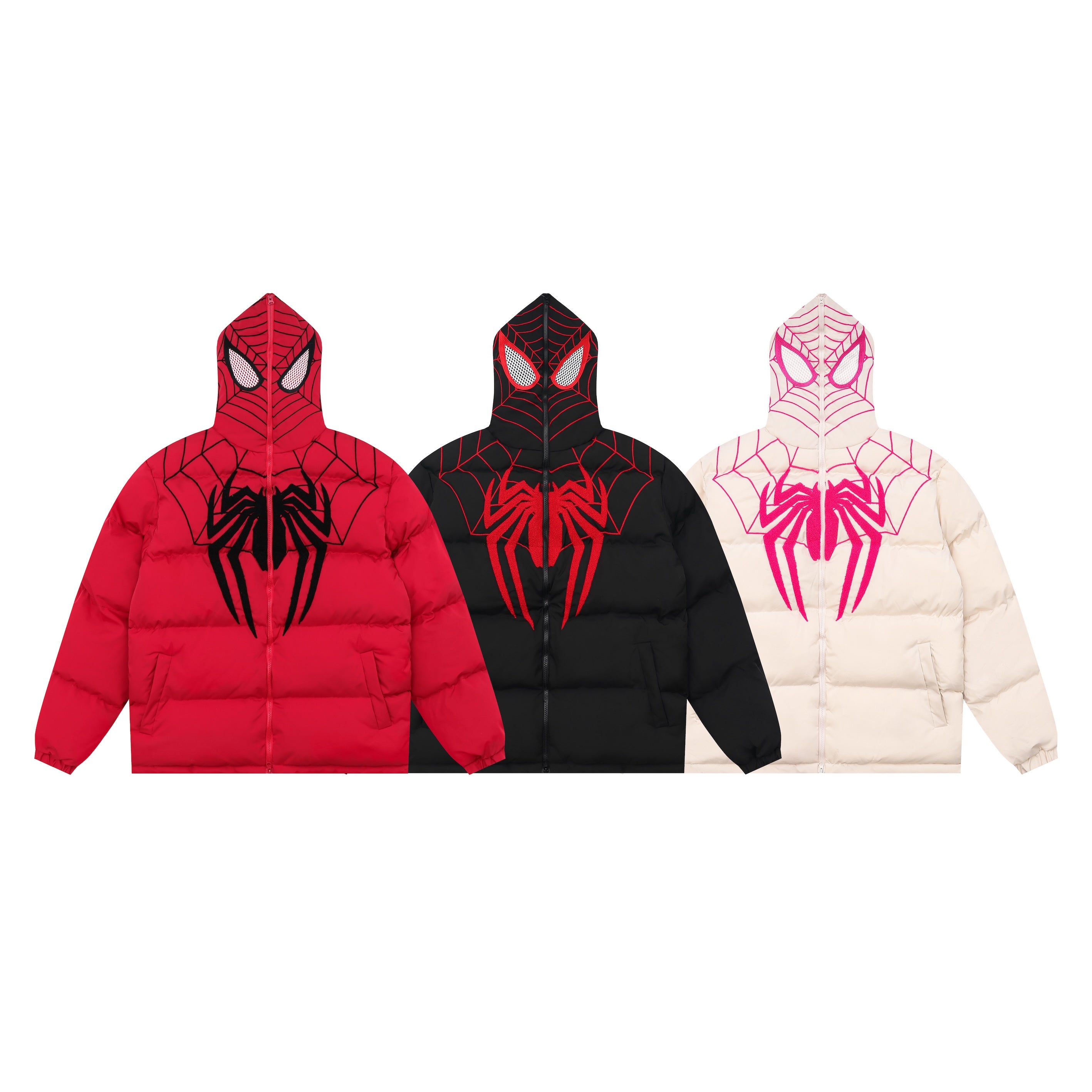 Spiderman Winter Long Sleeve Zip Hooded Puffer Jacket Coat Pockets Baggy Short Down Coat