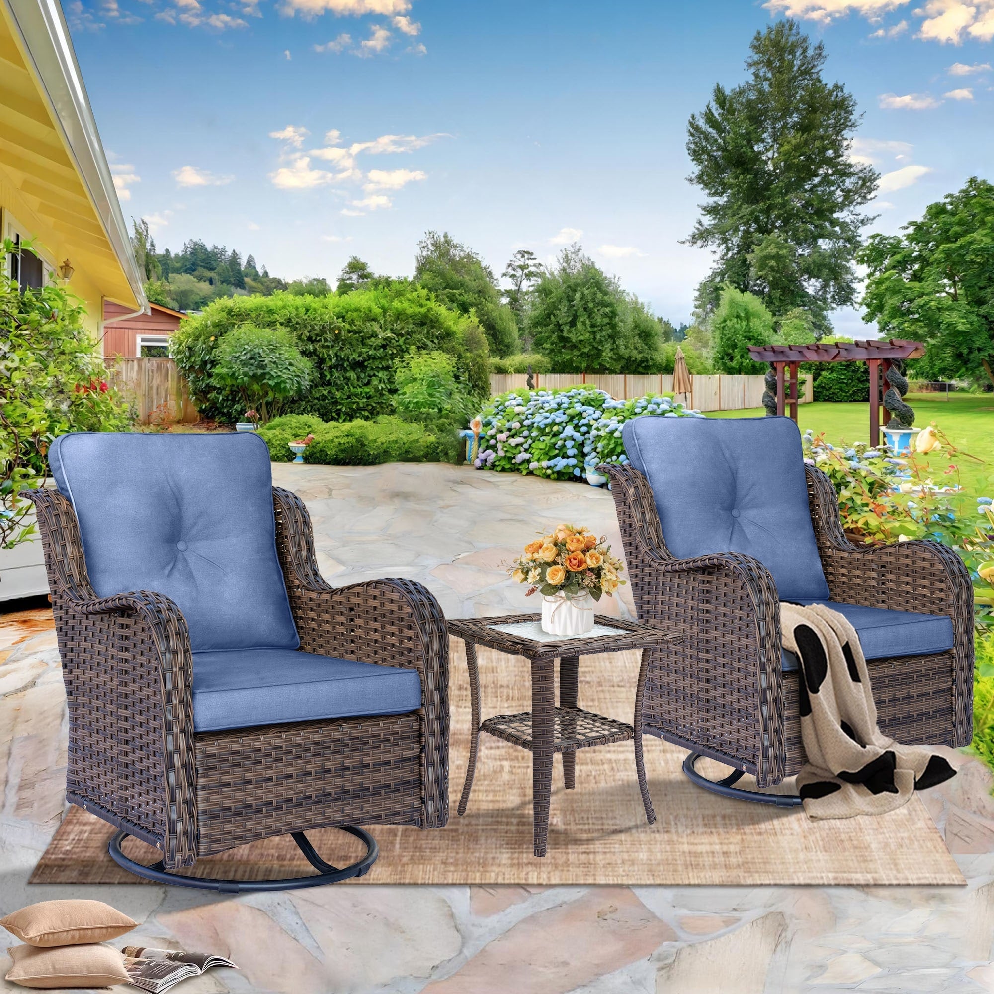 Outdoor Patio Furniture Set-Wicker Patio Conversation Swivel Chair Set