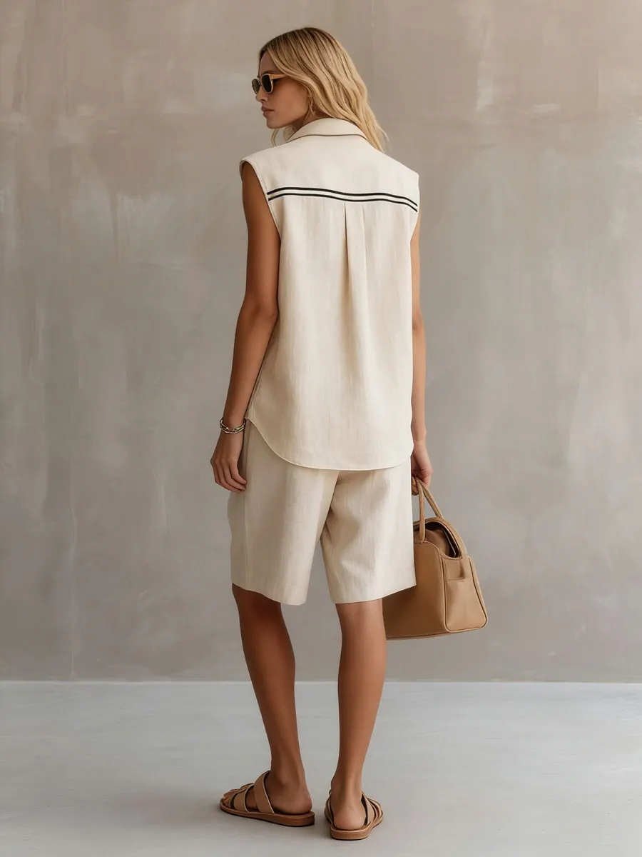Casual Retro Apricot Cotton Linen Sleeveless Striped Shirt And Shorts Set