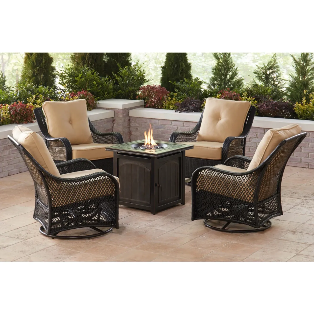 Orleans 5-Piece Fire Pit Chat Set with 4 Woven Swivel Gliders and 26 Inch Square Fire Pit Table, Autumn Berry