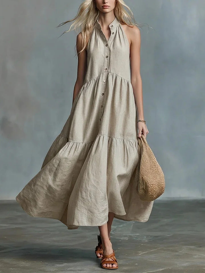 Sleeveless Casual Loose Linen Button Vest Dress