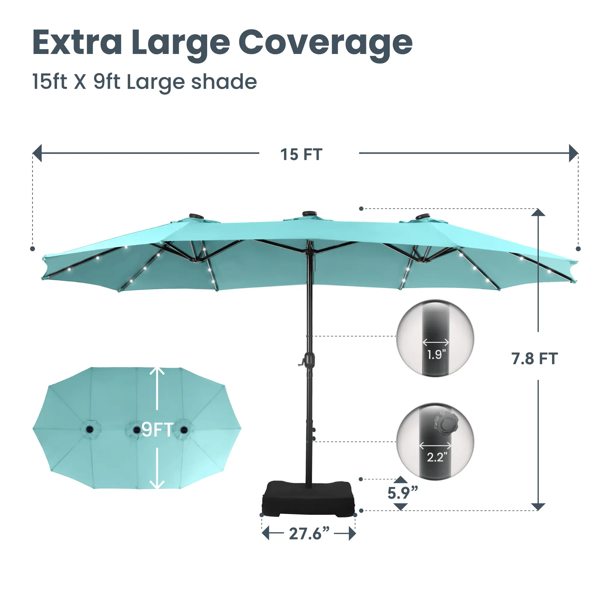 15ft Large Outdoor Patio Umbrella with Base – LED Light Option, Double-Sided, Crank Handle, Waterproof，Comes with Weighted Base and Sandbag, Accommodates 10 People, Great for Poolside, Garden, Lawn, Backyard, Deck and Beach