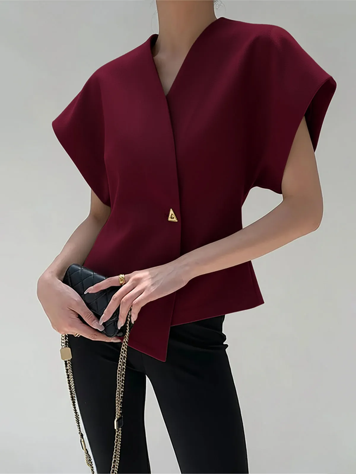 Trendy V-Neck Button Down Blouse