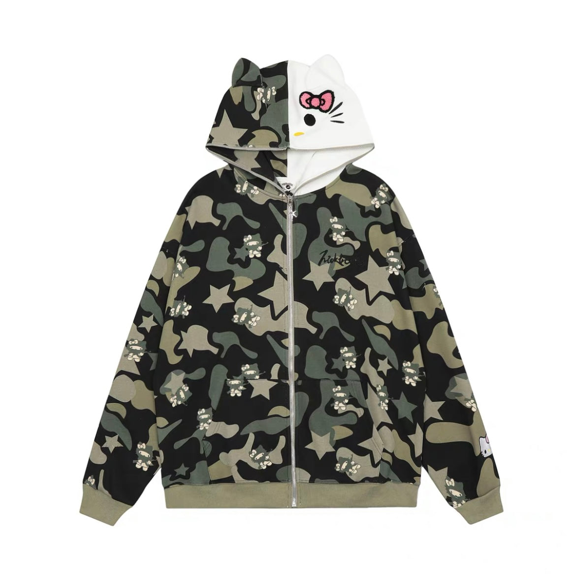 Hellokitty Camouflage Drawstring Zip Up Oversized Hoodies Jacket