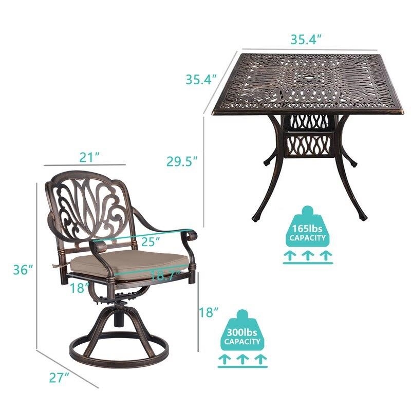 5 Piece Outdoor Dining Patio Set All-Weather Cast Square 4 - Person 35.4