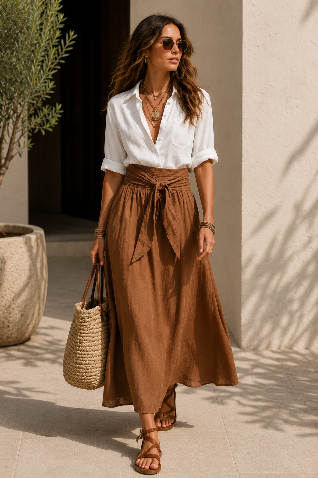 Casual Button-Up Shirt & Tie Waist Maxi Skirt Set