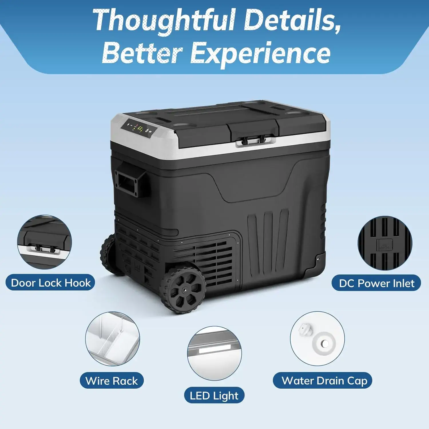 12V Refrigerator (24/37/53Quart /23L/35L/50L) supports 12V/24V DC & 110-240V AC. Portable with -4°F~68°F range, it features wheels, 2 baskets, and large cooling zone. Ideal for RVs, travel, Truck, Boat