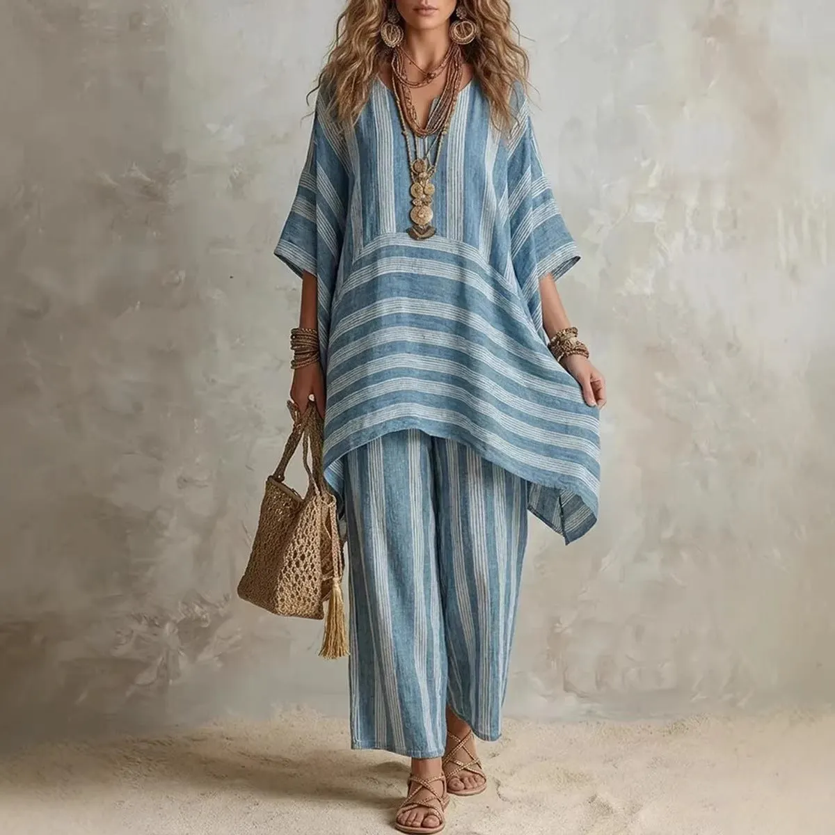V-Neck Loose Striped Casual Two-Piece Suit