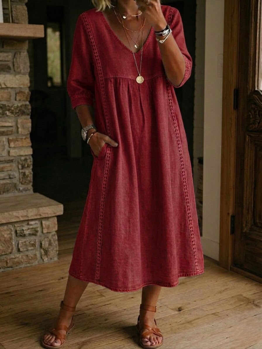 New Arrivals🔥Women's Casual Loose-fitting Patchwork Lace Trim Linen And Cotton Dress