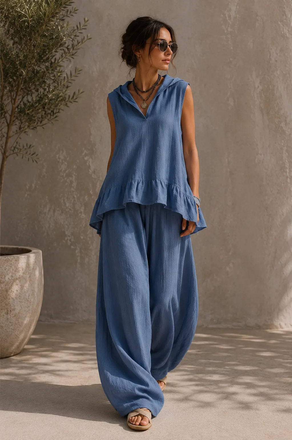 Sleeveless Ruffle Hem Top & Wide Leg Pants Set