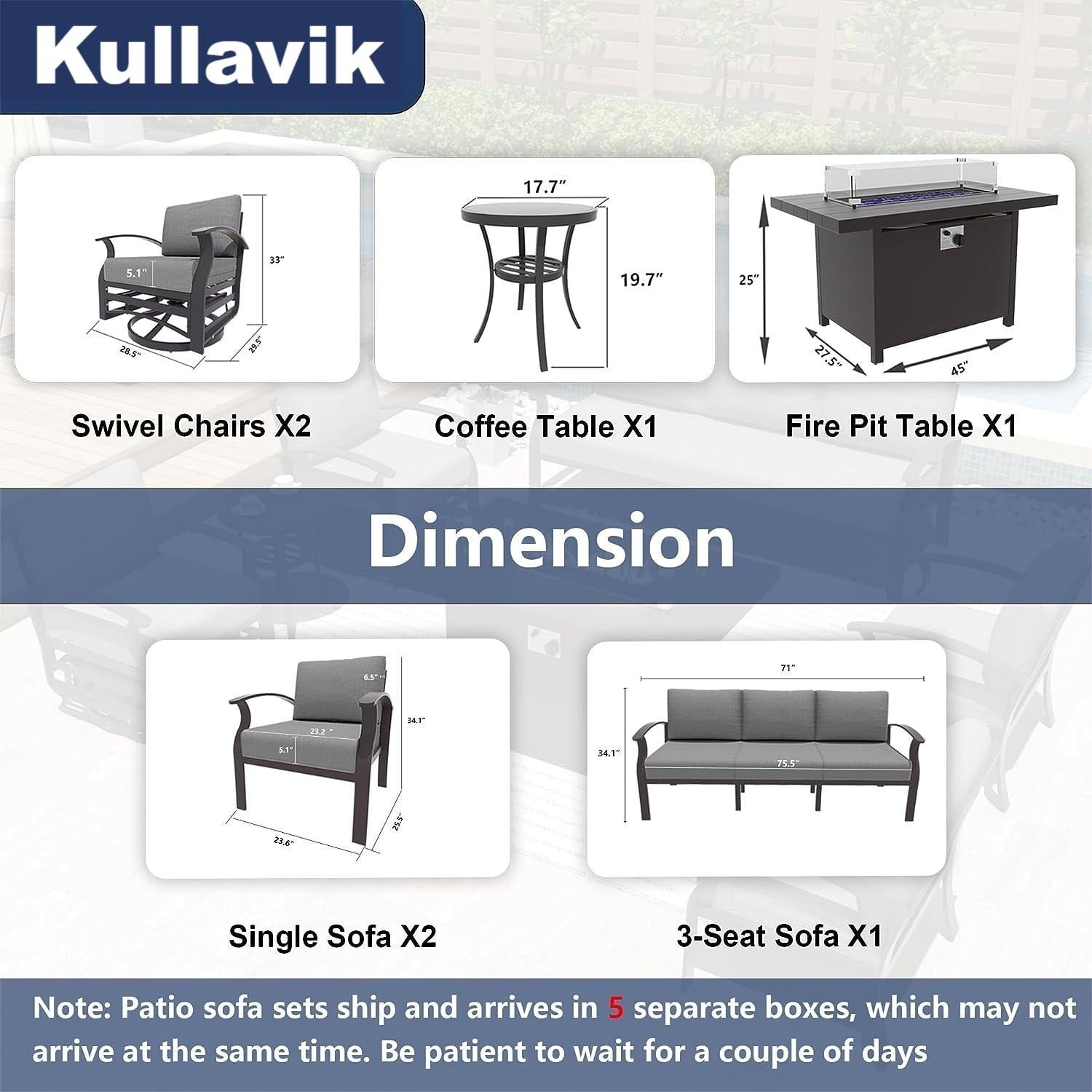 Kullavik Aluminum Outdoor Patio Furniture with Curved Armrests & Firepit Table