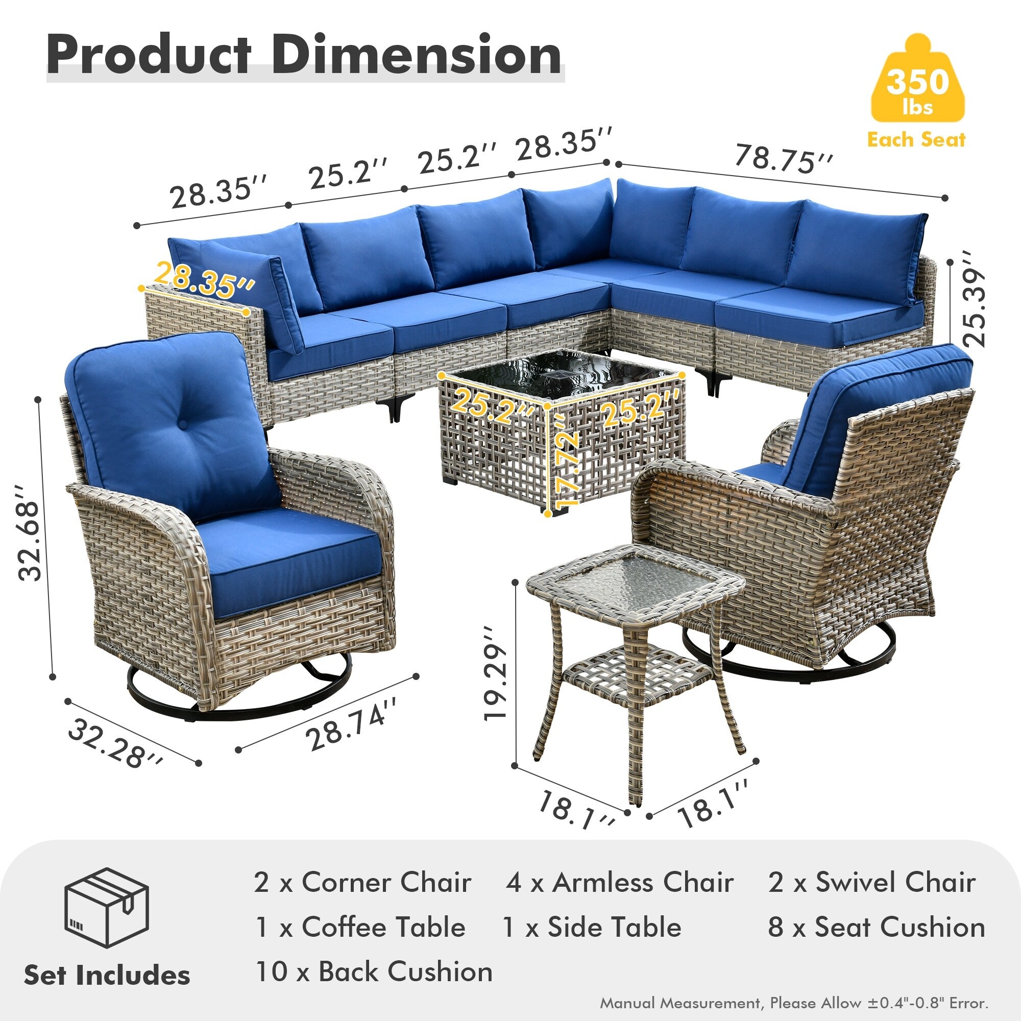 XIZZI 10-piece Patio Furniture Wicker Sectional Set with Swivel Chair
