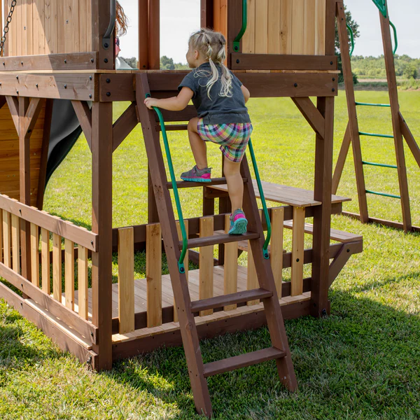 Skyfort II Cedar Wood Swing Set with Wave Slide, Clubhouse, Crow's Nest, and Monkey Bars