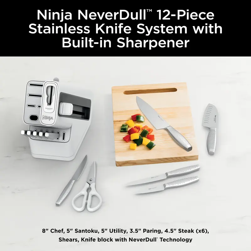 🔪 Special Offer — 12-Piece Stainless Steel Kitchen Knife Set with Built-In Sharpener & White Storage Block ✨