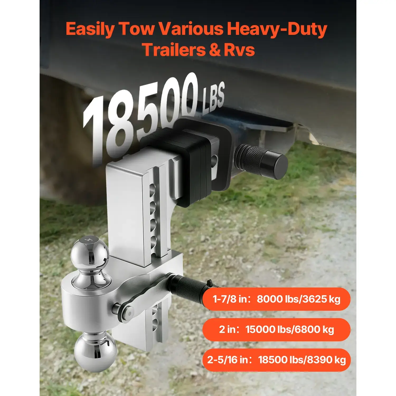 Adjustable Trailer Hitch—8-inch drop, triple-ball mount compatible with 2.5-inch receivers