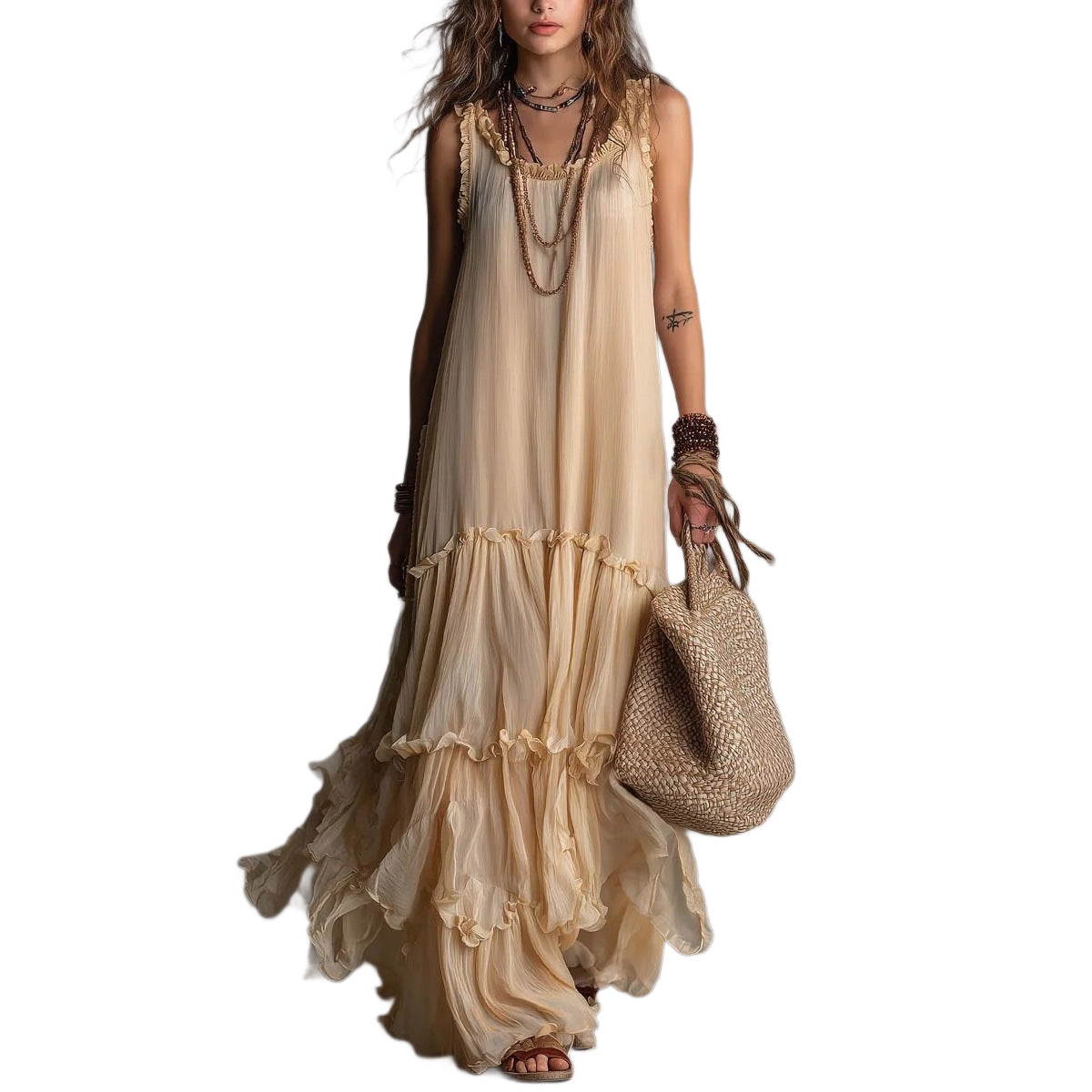 Boho Tiered Ruffle Chiffon Maxi Dress – Sleeveless Flowy Beige Summer Sundress for Women