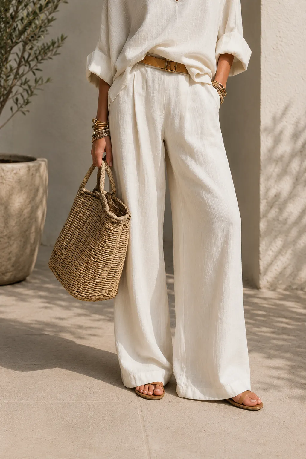Relaxed V-Neck Blouse & Wide Leg Pants Set