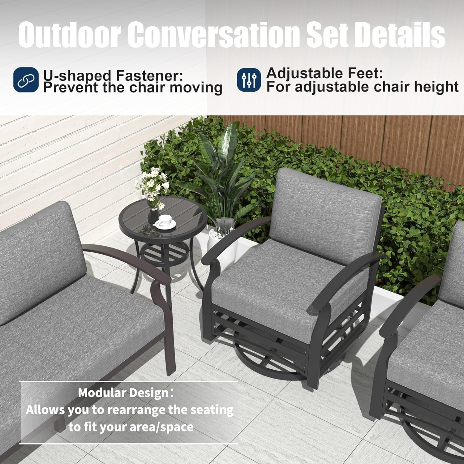 Kullavik Aluminum Outdoor Patio Furniture with Curved Armrests & Firepit Table