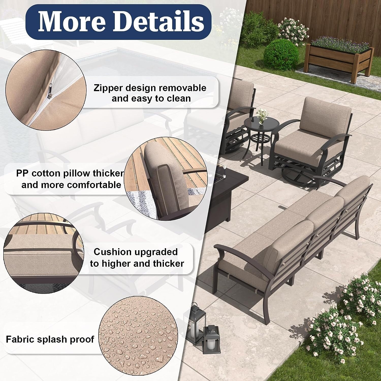 Kullavik Aluminum Outdoor Patio Furniture with Curved Armrests & Firepit Table