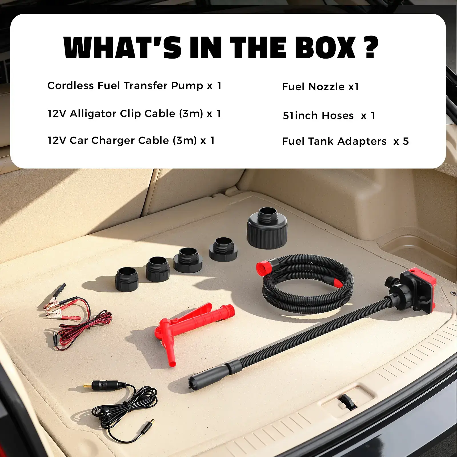 5 GPM Cordless Fuel Transfer Pump, Portable Drum Pump with 51-Inch Hose and 5 Adapters, Suitable for Diesel and Gasoline