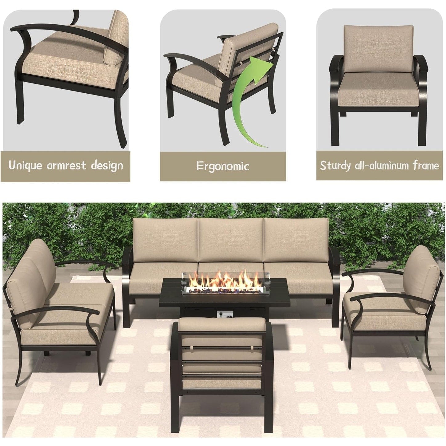 Kullavik Aluminum Outdoor Patio Furniture with Curved Armrests & Firepit Table