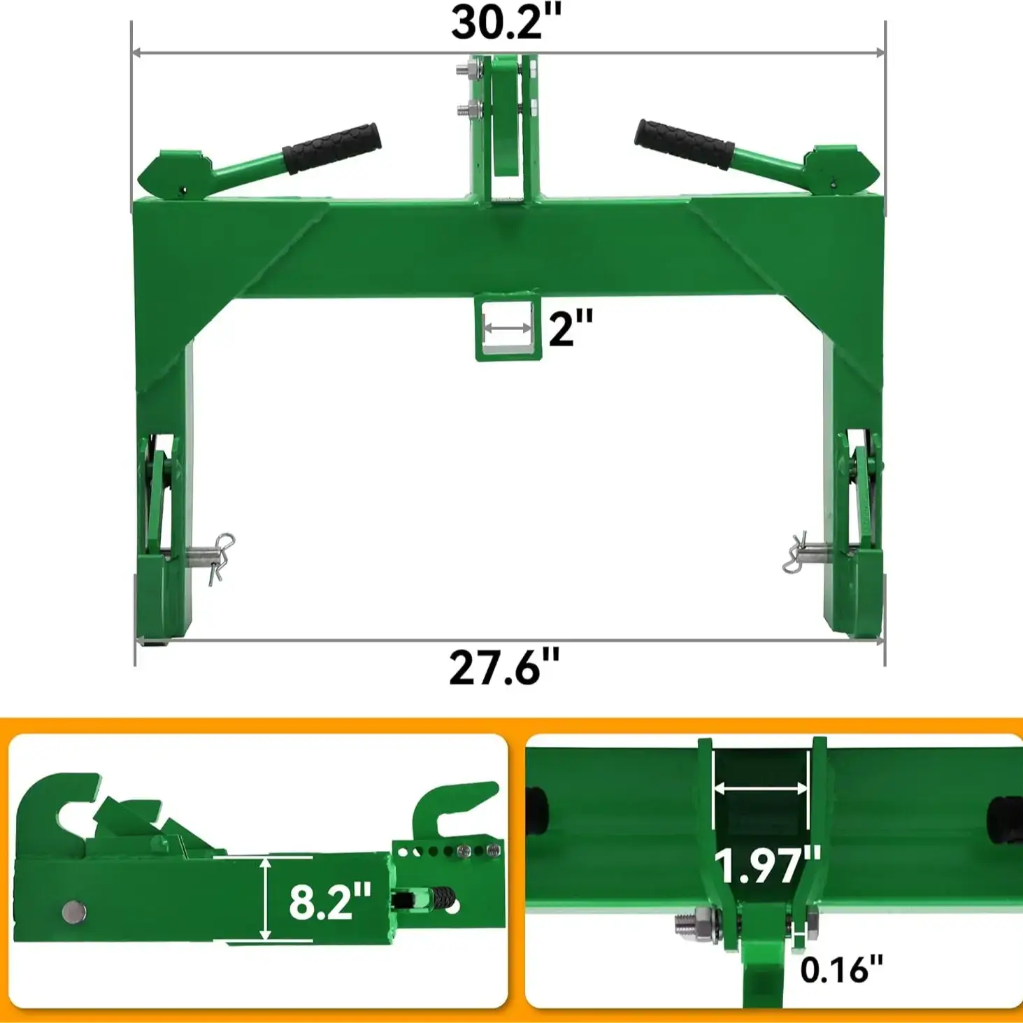 Category 1 3-point quick hitch; 3,000 lb heavy-duty 3-point tractor hitch (with 2-inch receiver); features 5-position adjustable bolts.