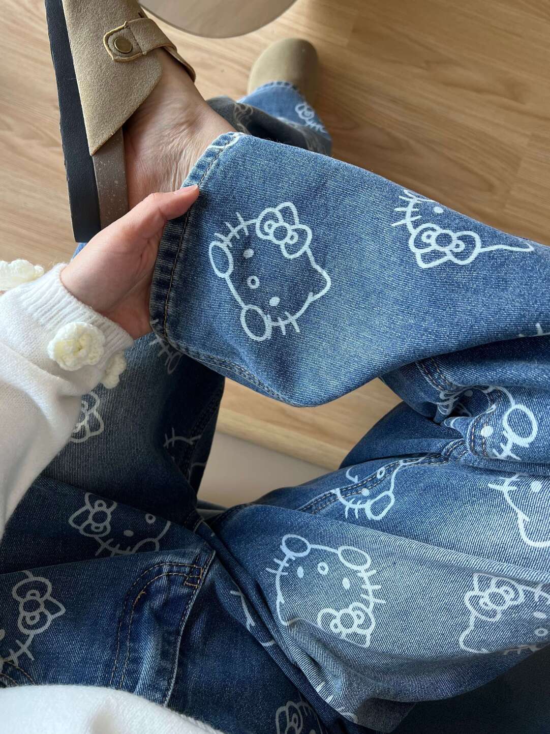 Hellokitty Embroidery Wide Leg Jeans High Waist Baggy Jeans Denim Pants