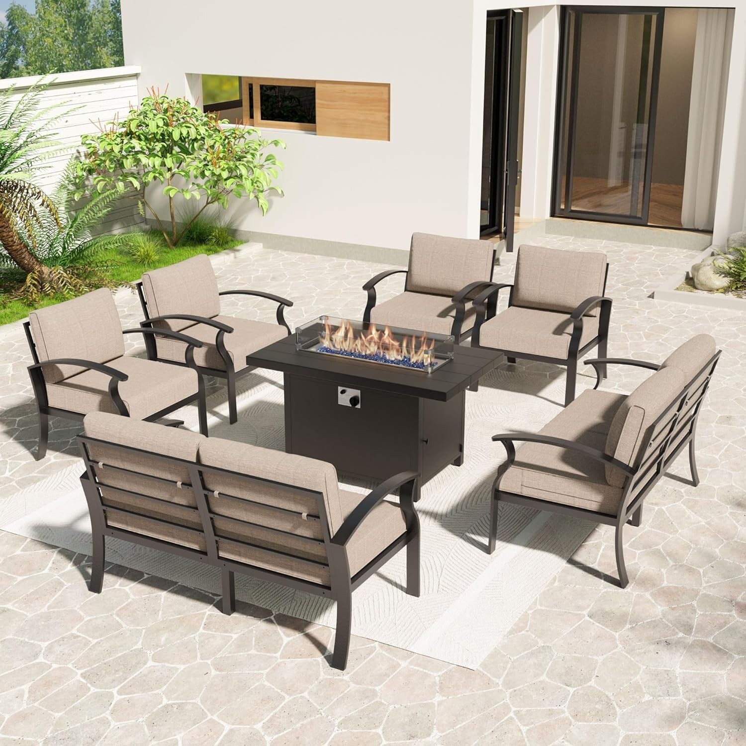 Kullavik Aluminum Outdoor Patio Furniture with Curved Armrests & Firepit Table