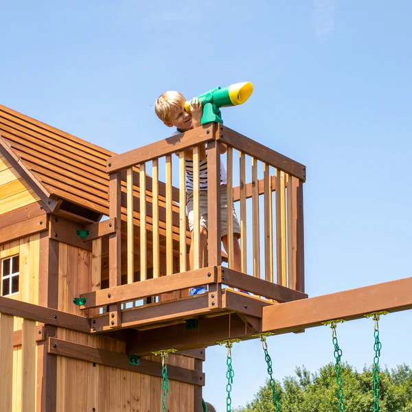 Skyfort II Cedar Wood Swing Set with Wave Slide, Clubhouse, Crow's Nest, and Monkey Bars